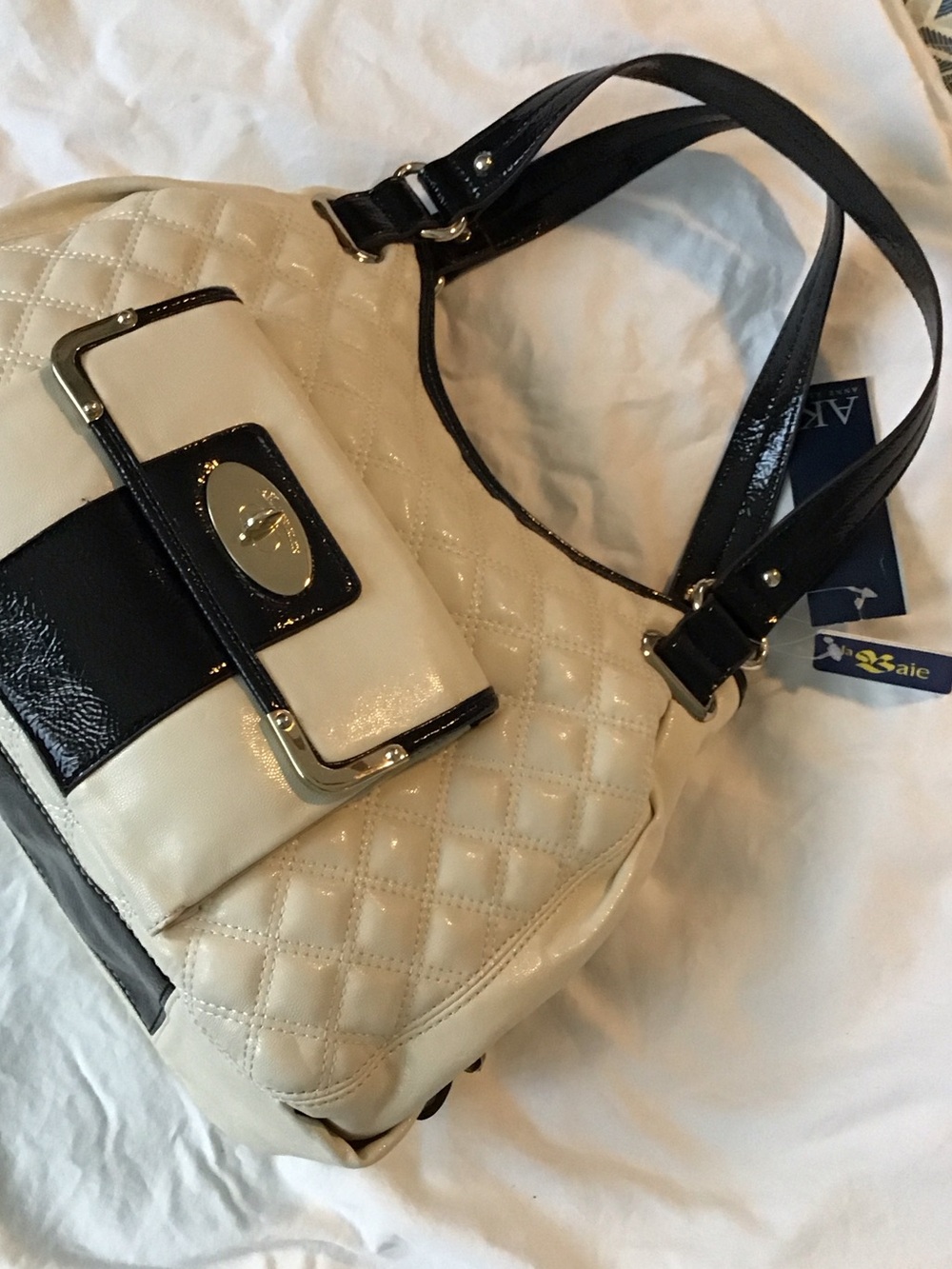 Women's Cream and Black Quilted Shoulder Bag with Matching Wallet